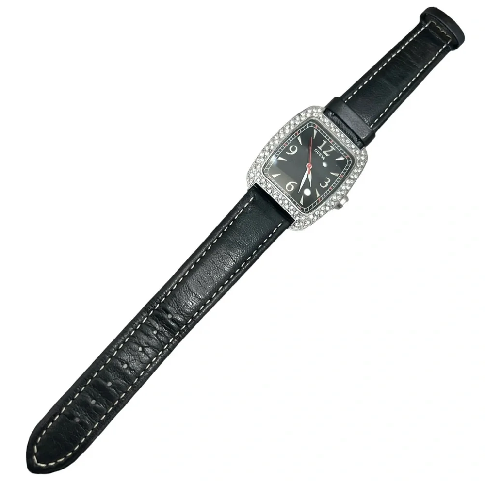 GUESS BLACK TANK WATCH w RECTANGLE FACE & PAVE CRYSTAL BEZEL & LEATHER STRAP